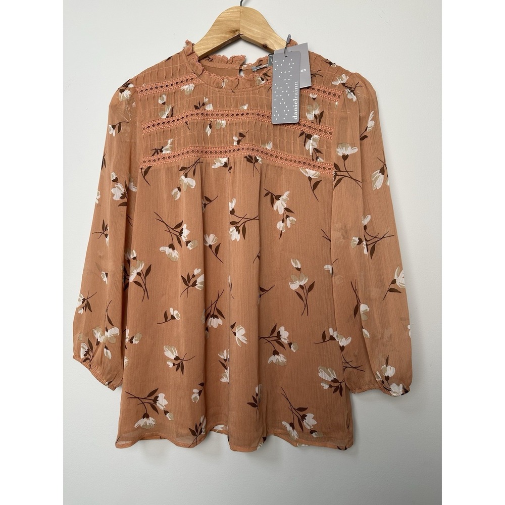 Daniel Rainn Tan Floral Long Sleeve Sheer Layered‎ Blouse Medium NEW Tan White